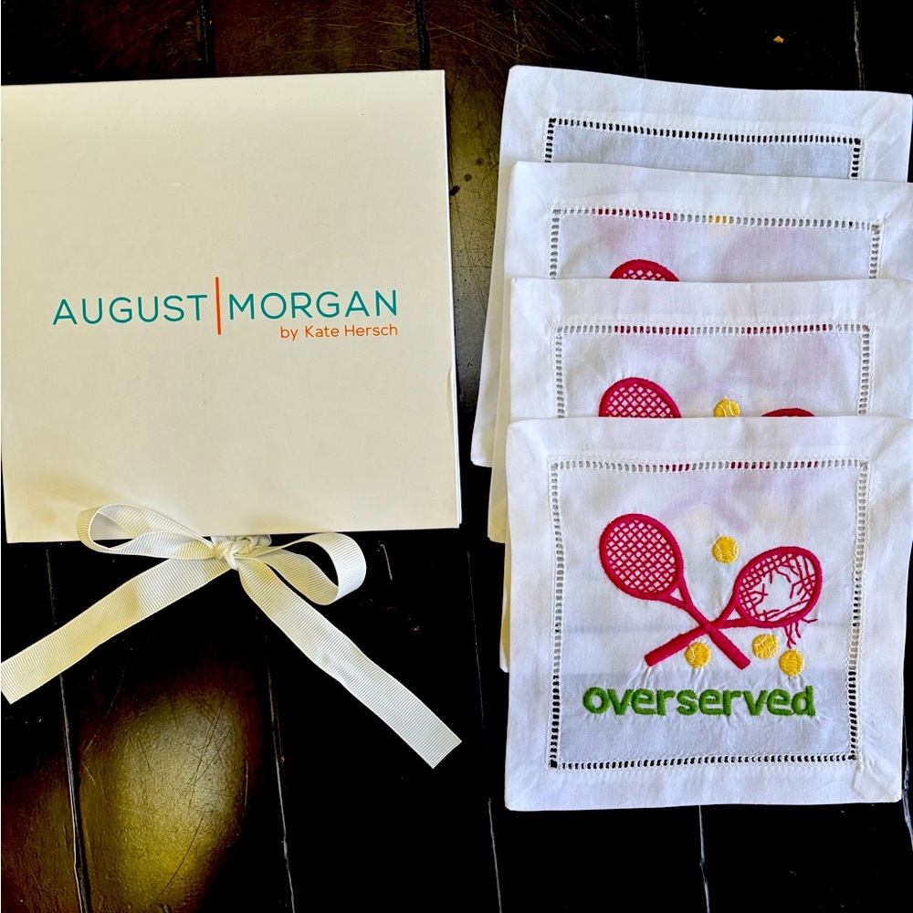 August Morgan Kate Hersch Linen Embroidered Overserved Tennis Napkins NEW